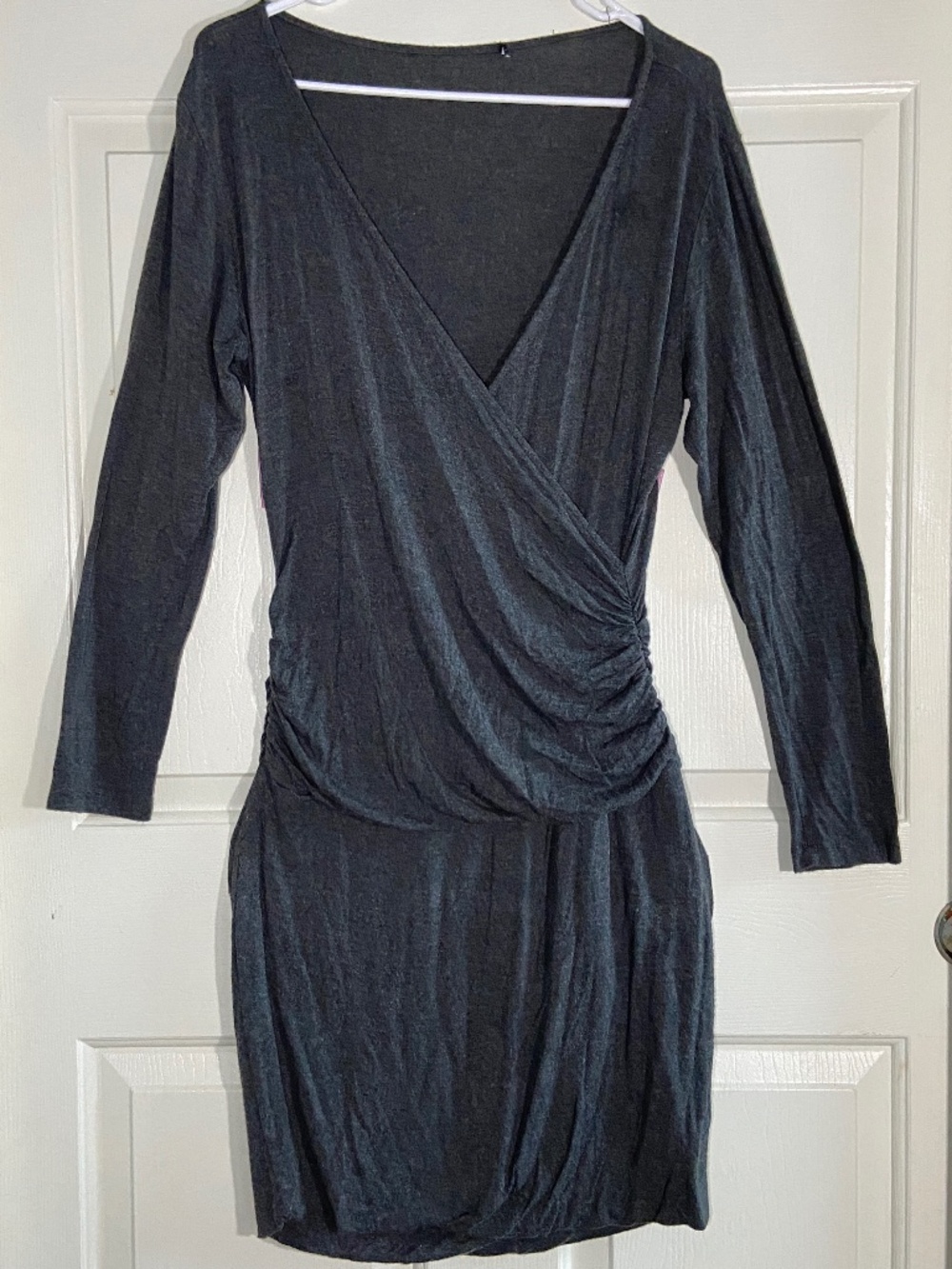 Dark Grey V-Neck Wrap Ruched Dress